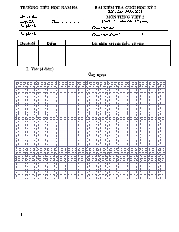 Đề kiểm tra cuối học kỳ I môn Tiếng Việt Lớp 2 (Viết) - Năm học 2024-2025 - Trường Tiểu học Nam Hà (Có đáp án)