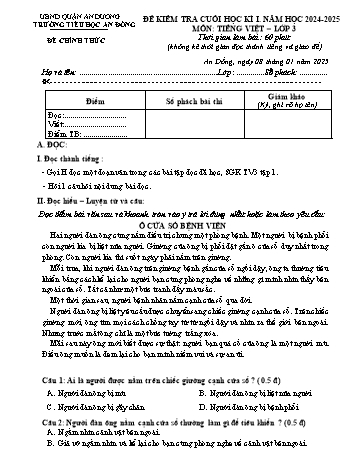 Đề kiểm tra cuối học kỳ I môn Tiếng Việt Lớp 3 - Năm học 2024-2025 - Trường Tiểu học An Đồng (Có đáp án)