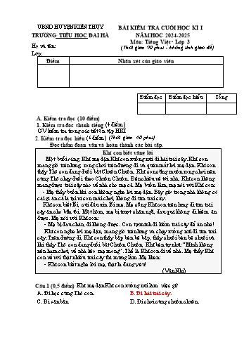 Đề kiểm tra cuối học kỳ I môn Tiếng Việt Lớp 3 - Năm học 2024-2025 - Trường Tiểu học Đại Hà (Có đáp án)
