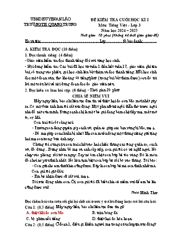 Đề kiểm tra cuối học kỳ I môn Tiếng Việt Lớp 3 - Năm học 2024-2025 - Trường Tiểu học Quang Trung (Có đáp án + Ma trận)