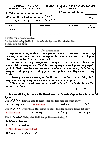 Đề kiểm tra cuối học kỳ I môn Tiếng Việt Lớp 3 - Năm học 2024-2025 - Trường Tiểu học Trần Quốc Toản (Có đáp án + Ma trận)