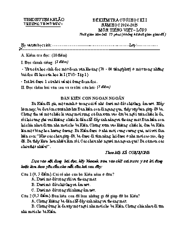 Đề kiểm tra cuối học kỳ I môn Tiếng Việt Lớp 3 - Năm học 2024-2025 - Trường Tiểu học Mỹ Đức I (Có đáp án)