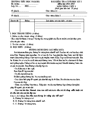 Đề kiểm tra cuối học kỳ I môn Tiếng Việt Lớp 3 - Năm học 2024-2025 - Trường Tiểu học Nam Hà (Có đáp án)