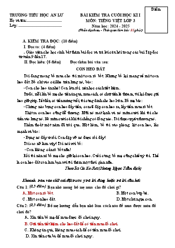 Đề kiểm tra cuối học kỳ I môn Tiếng Việt Lớp 3 - Năm học 2024-2025 - Trường Tiểu học An Lư