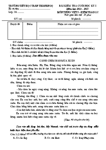 Đề kiểm tra cuối học kỳ I môn Tiếng Việt Lớp 3 - Năm học 2024-2025 - Trường Tiểu học Trần Thành Ngọ (Có đáp án) + Ma trận)