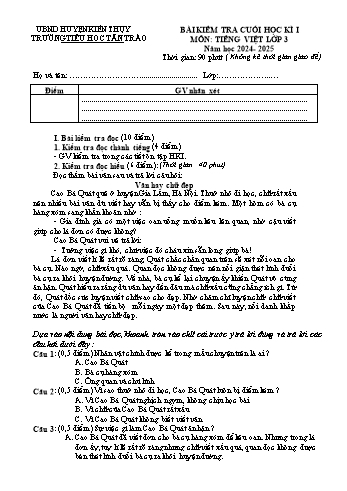 Đề kiểm tra cuối học kỳ I môn Tiếng Việt Lớp 3 - Năm học 2024-2025 - Trường Tiểu học Tân Trào (Có đáp án)