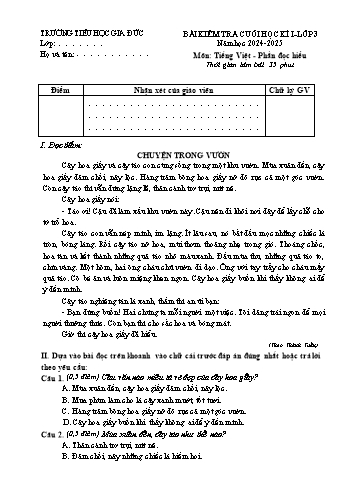 Đề kiểm tra cuối học kỳ I môn Tiếng Việt Lớp 3 - Năm học 2024-2025 - Trường Tiểu học Gia Đức