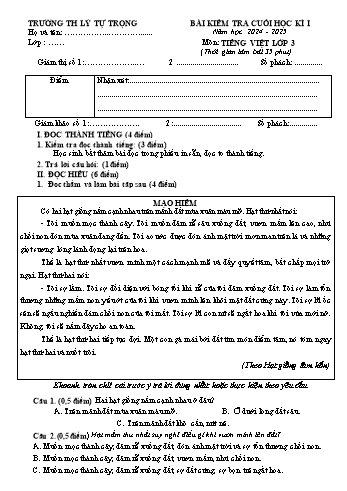 Đề kiểm tra cuối học kỳ I môn Tiếng Việt Lớp 3 - Năm học 2024-2025 - Trường Tiểu học Lý Tự Trọng (Có đáp án)