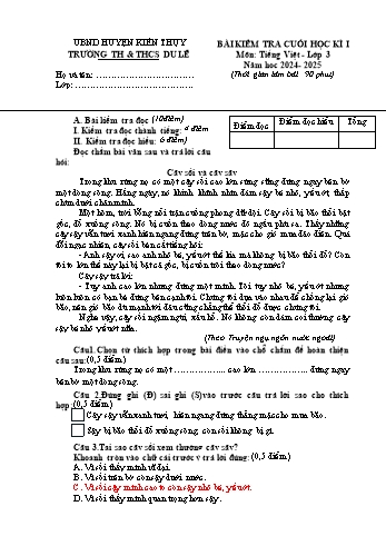 Đề kiểm tra cuối học kỳ I môn Tiếng Việt Lớp 3 - Năm học 2024-2025 - Trường TH&THCS Du Lễ (Có đáp án)