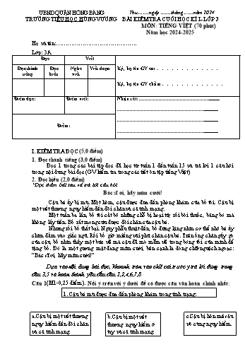 Đề kiểm tra cuối học kỳ I môn Tiếng Việt Lớp 3 - Năm học 2024-2025 - Trường Tiểu học Hùng Vương (Có đáp án + Ma trận)