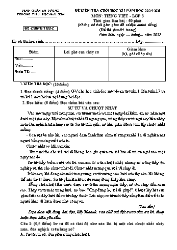 Đề kiểm tra cuối học kỳ I môn Tiếng Việt Lớp 3 - Năm học 2024-2025 - Trường Tiểu học Nam Sơn (Có đáp án + Ma trận)