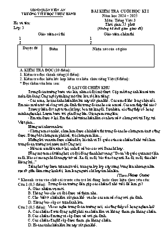 Đề kiểm tra cuối học kỳ I môn Tiếng Việt Lớp 3 - Năm học 2024-2025 - Trường Tiểu học Thực Hành (Có đáp án)