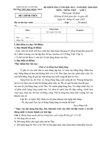 Đề kiểm tra cuối học kỳ I môn Tiếng Việt Lớp 3 - Năm học 2024-2025 - Trường Tiểu học Đồng Thái