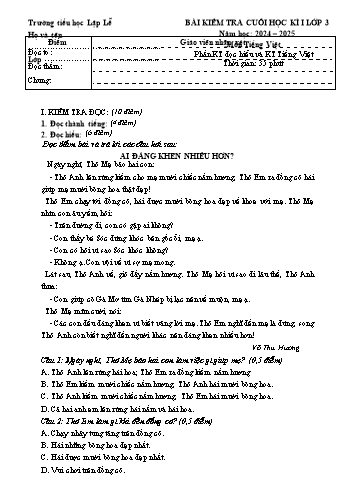 Đề kiểm tra cuối học kỳ I môn Tiếng Việt Lớp 3 - Năm học 2024-2025 - Trường Tiểu học Lập Lễ (Có đáp án + Ma trận)