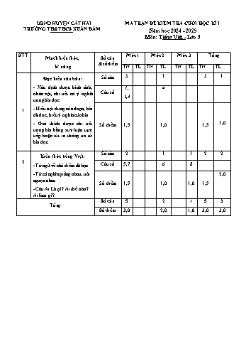 Đề kiểm tra cuối học kỳ I môn Tiếng Việt Lớp 3 - Năm học 2024-2025 - Trường TH&THCS Xuân Đám (Có đáp án + Ma trận)