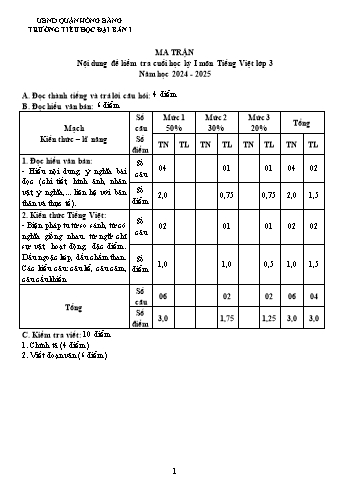 Đề kiểm tra cuối học kỳ I môn Tiếng Việt Lớp 3 - Năm học 2024-2025 - Trường Tiểu học Đại Bản I (Có đáp án + Ma trận)