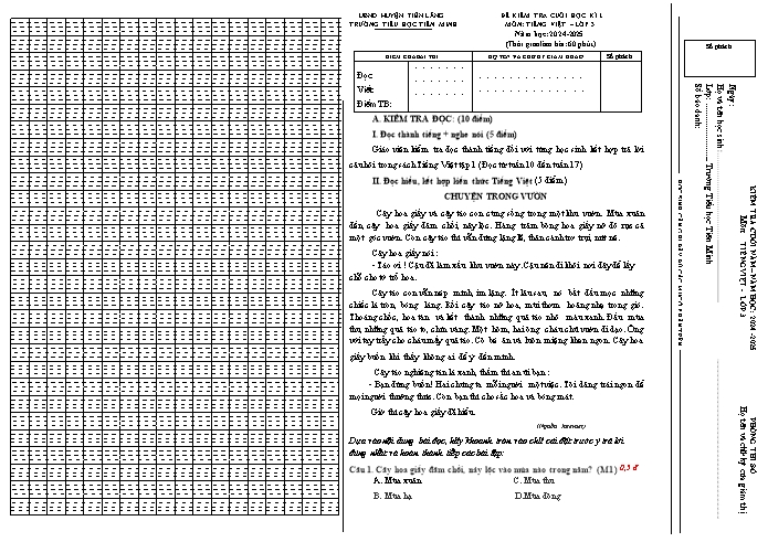 Đề kiểm tra cuối học kỳ I môn Tiếng Việt Lớp 3 - Năm học 2024-2025 - Trường Tiểu học Tiên Minh (Kèm ma trận)