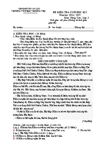 Đề kiểm tra cuối học kỳ I môn Tiếng Việt Lớp 3 - Năm học 2024-2025 - Trường Tiểu học Trường Thọ (Có đáp án)