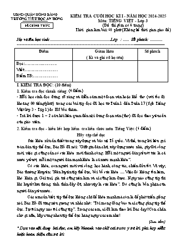 Đề kiểm tra cuối học kỳ I môn Tiếng Việt Lớp 3 - Năm học 2024-2025 - Trường Tiểu học An Hồng (Có đáp án + Ma trận)