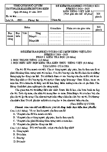 Đề kiểm tra cuối học kỳ I môn Tiếng Việt Lớp 3 - Năm học 2024-2025 - Trường Tiểu học Nguyễn Thượng Hiền (Có đáp án + Ma trận)