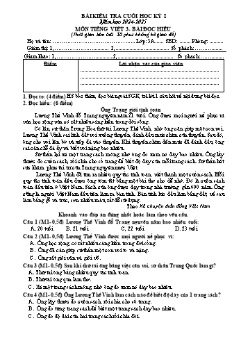 Đề kiểm tra cuối học kỳ I môn Tiếng Việt Lớp 3 - Năm học 2024-2025 - Trường Tiểu học Đồng Hòa (Có đáp án)