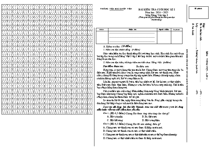 Đề kiểm tra cuối học kỳ I môn Tiếng Việt Lớp 3 - Năm học 2024-2025 - Trường Tiểu học Quyết Tiến