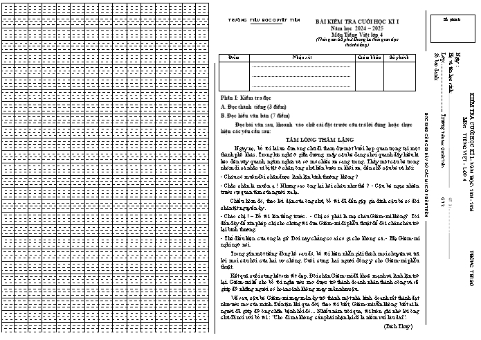 Đề kiểm tra cuối học kỳ I môn Tiếng Việt Lớp 4 - Năm học 2024-2025 - Trường Tiểu học Quyết Tiến