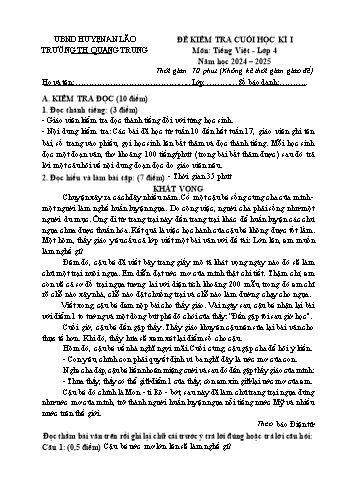 Đề kiểm tra cuối học kỳ I môn Tiếng Việt Lớp 4 - Năm học 2024-2025 - Trường Tiểu học Quang Trung (Có đáp án + Ma trận)