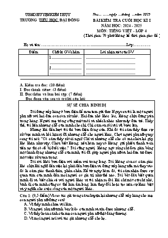 Đề kiểm tra cuối học kỳ I môn Tiếng Việt Lớp 4 - Năm học 2024-2025 - Trường Tiểu học Đại Đồng (Có đáp án)