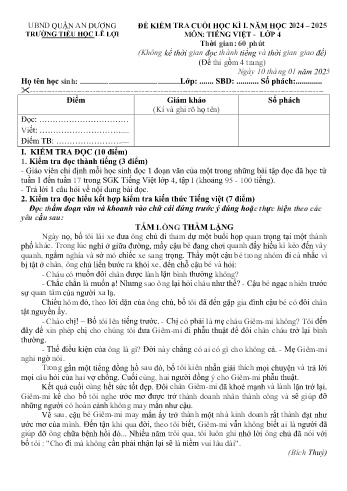Đề kiểm tra cuối học kỳ I môn Tiếng Việt Lớp 4 - Năm học 2024-2025 - Trường Tiểu học Lê Lợi (Có đáp án + Ma trận)
