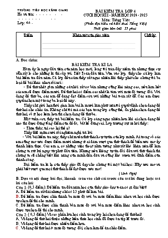 Đề kiểm tra cuối học kỳ I môn Tiếng Việt Lớp 4 - Năm học 2024-2025 - Trường Tiểu học Kênh Giang (Có đáp án)