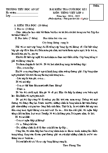 Đề kiểm tra cuối học kỳ I môn Tiếng Việt Lớp 4 - Năm học 2024-2025 - Trường Tiểu học An Lư