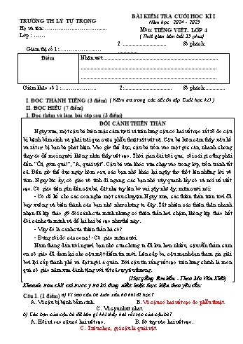 Đề kiểm tra cuối học kỳ I môn Tiếng Việt Lớp 4 - Năm học 2024-2025 - Trường Tiểu học Lý Tự Trọng (Có đáp án)