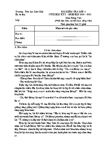 Đề kiểm tra cuối học kỳ I môn Tiếng Việt Lớp 4 - Năm học 2024-2025 - Trường Tiểu học Liên Khê (Có đáp án)
