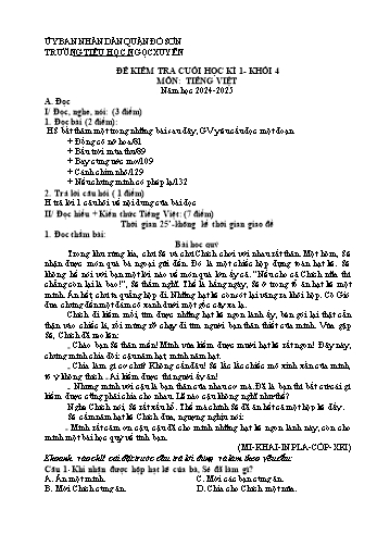 Đề kiểm tra cuối học kỳ I môn Tiếng Việt Lớp 4 - Năm học 2024-2025 - Trường Tiểu học Ngọc Xuyên (Có đáp án)