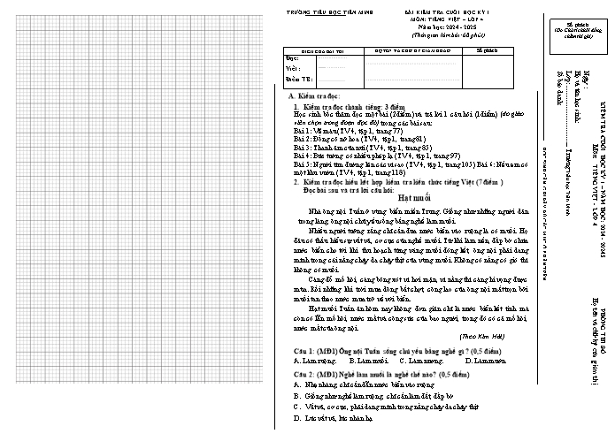 Đề kiểm tra cuối học kỳ I môn Tiếng Việt Lớp 4 - Năm học 2024-2025 - Trường Tiểu học Tiên Minh (Có đáp án)