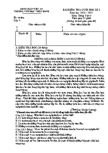 Đề kiểm tra cuối học kỳ I môn Tiếng Việt Lớp 4 - Năm học 2024-2025 - Trường Tiểu học Thực Hành (Có đáp án)