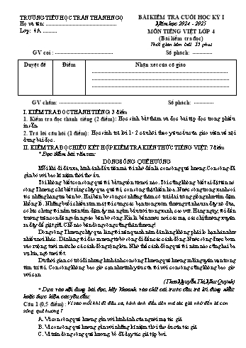 Đề kiểm tra cuối học kỳ I môn Tiếng Việt Lớp 4 - Năm học 2024-2025 - Trường Tiểu học Trần Thành Ngọ (Có đáp án)