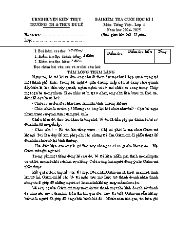 Đề kiểm tra cuối học kỳ I môn Tiếng Việt Lớp 4 - Năm học 2024-2025 - Trường TH&THCS Du Lễ (Có đáp án)