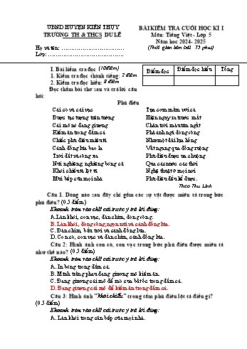 Đề kiểm tra cuối học kỳ I môn Tiếng Việt Lớp 5 - Năm học 2024-2025 - Trường TH&THCS Du Lễ (Có đáp án)
