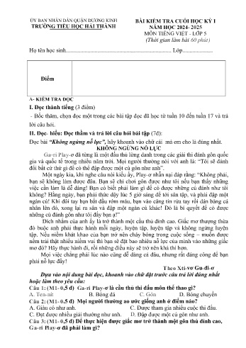 Đề kiểm tra cuối học kỳ I môn Tiếng Việt Lớp 5 - Năm học 2024-2025 - Trường Tiểu học Hải Thành (Có đáp án + Ma trận)