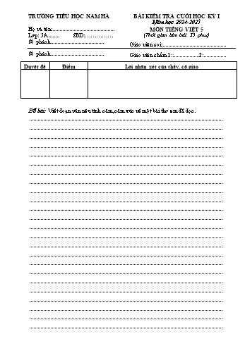 Đề kiểm tra cuối học kỳ I môn Tiếng Việt Lớp 5 - Năm học 2024-2025 - Trường Tiểu học Nam Hà (Có đáp án)