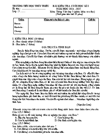 Đề kiểm tra cuối học kỳ I môn Tiếng Việt Lớp 5 - Năm học 2024-2025 - Trường Tiểu học Thủy Triều (Có đáp án + Ma trận)
