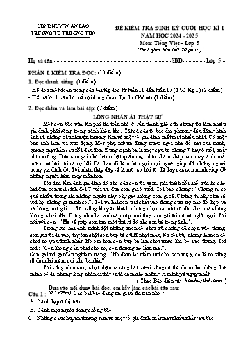 Đề kiểm tra cuối học kỳ I môn Tiếng Việt Lớp 5 - Năm học 2024-2025 - Trường Tiểu học Trường Thọ (Có đáp án)