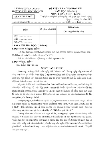 Đề kiểm tra cuối học kỳ I môn Tiếng Việt Lớp 5 - Năm học 2024-2025 - Trường Tiểu học Bắc Sơn