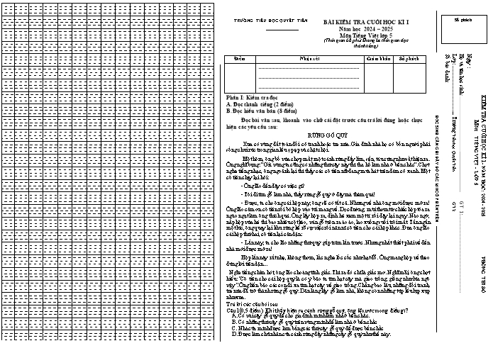 Đề kiểm tra cuối học kỳ I môn Tiếng Việt Lớp 5 - Năm học 2024-2025 - Trường Tiểu học Quyết Tiến