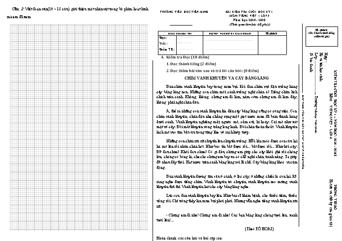 Đề kiểm tra cuối học kỳ I môn Tiếng Việt Lớp 5 - Năm học 2024-2025 - Trường Tiểu học Tiên Minh (Có đáp án)