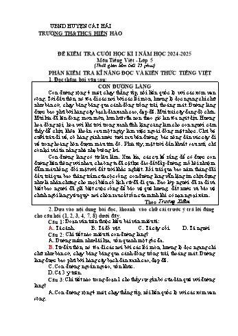 Đề kiểm tra cuối học kỳ I môn Tiếng Việt Lớp 5 - Năm học 2024-2025 - Trường TH&THCS Hiền Hào (Có đáp án + Ma trận)