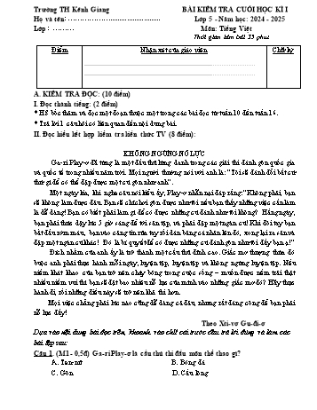 Đề kiểm tra cuối học kỳ I môn Tiếng Việt Lớp 5 - Năm học 2024-2025 - Trường Tiểu học Kênh Giang (Có đáp án + Ma trận)