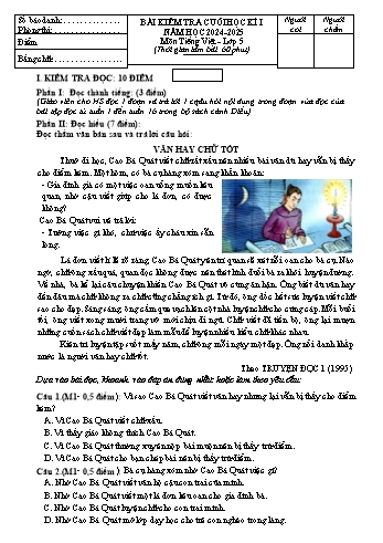 Đề kiểm tra cuối học kỳ I môn Tiếng Việt Lớp 5 - Năm học 2024-2025 - Trường Tiểu học Tân Liên (Có đáp án + Ma trận)